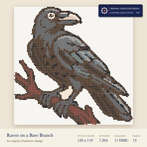 raven on a bare branch cross stitch chart shown as a colour preview with the stitch count and thread count