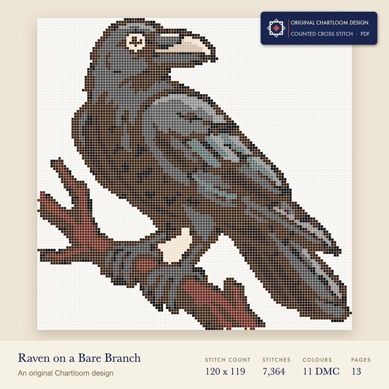 raven on a bare branch cross stitch chart shown as a colour preview with the stitch count and thread count