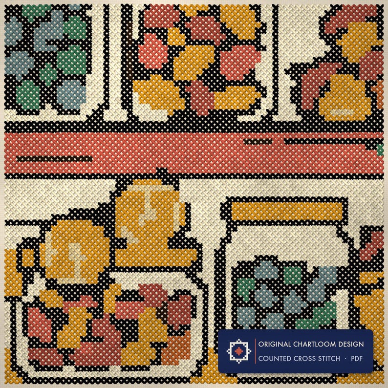 Close up of the a squirrel's winter larder cross stitch design worked stitch by stitch, every cross and thread colour visible