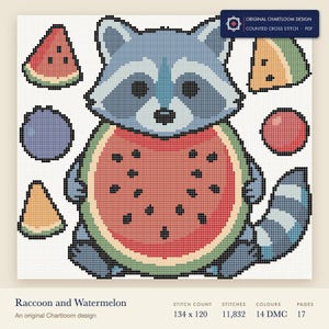 raccoon cross stitch chart shown as a colour preview with the stitch count and thread count