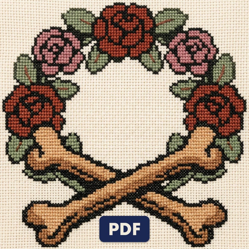 A finished rose wreath with crossed bones cross stitch piece, stitched and framed on a wall