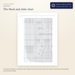 The black and white symbol chart from the a nutcracker and a mouse king cross stitch pattern PDF, symbols only