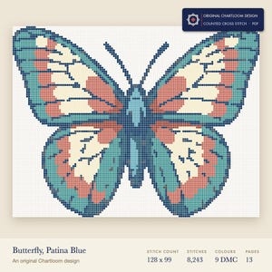 a butterfly cross stitch chart shown as a colour preview with the stitch count and thread count