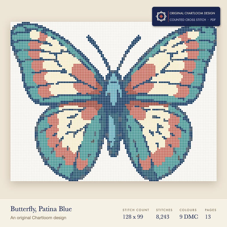 a butterfly cross stitch chart shown as a colour preview with the stitch count and thread count