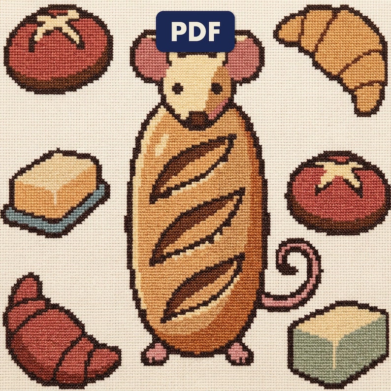 A finished mouse cross stitch piece, stitched and framed on a wall