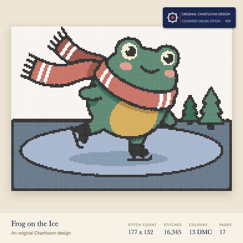 a frog ice skating cross stitch chart shown as a colour preview with the stitch count and thread count