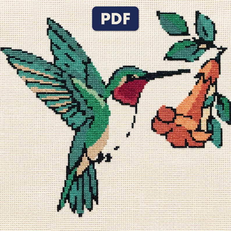 A finished a hummingbird cross stitch piece, stitched and framed on a wall