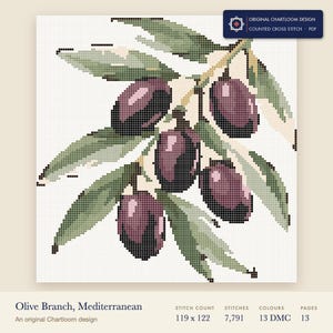 an olive branch cross stitch chart shown as a colour preview with the stitch count and thread count