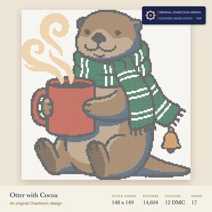 an otter with a mug of cocoa cross stitch chart shown as a colour preview with the stitch count and thread count