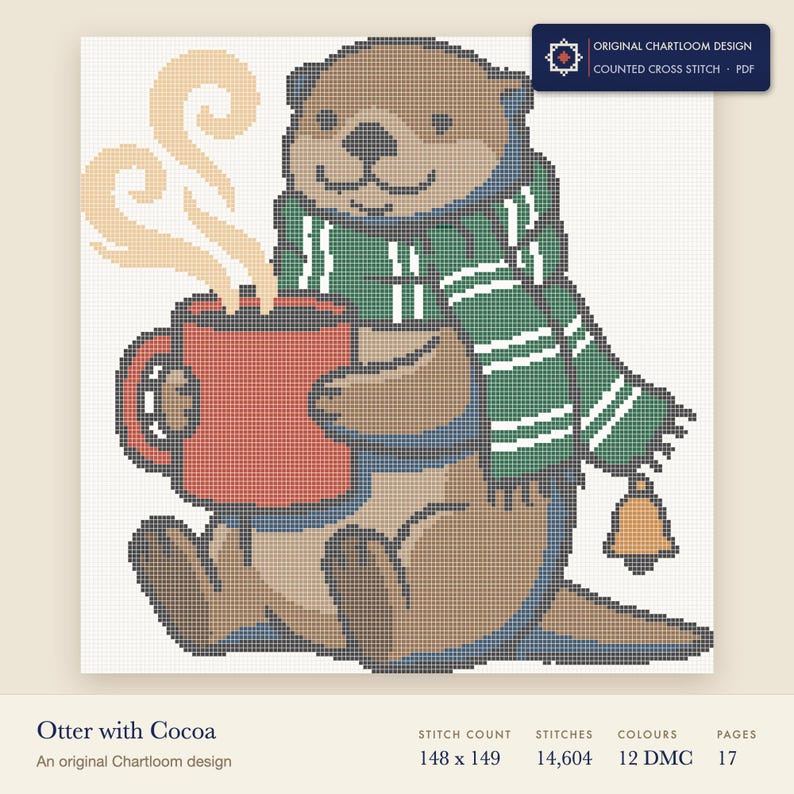 an otter with a mug of cocoa cross stitch chart shown as a colour preview with the stitch count and thread count