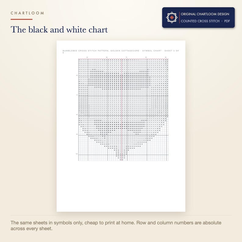 The black and white symbol chart from the a bumblebee cross stitch pattern PDF, symbols only