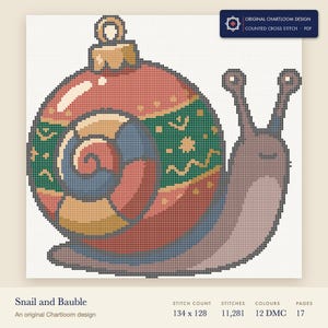 a snail whose shell is a bauble cross stitch chart shown as a colour preview with the stitch count and thread count