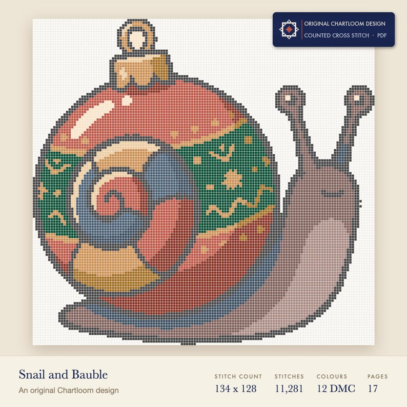 a snail whose shell is a bauble cross stitch chart shown as a colour preview with the stitch count and thread count