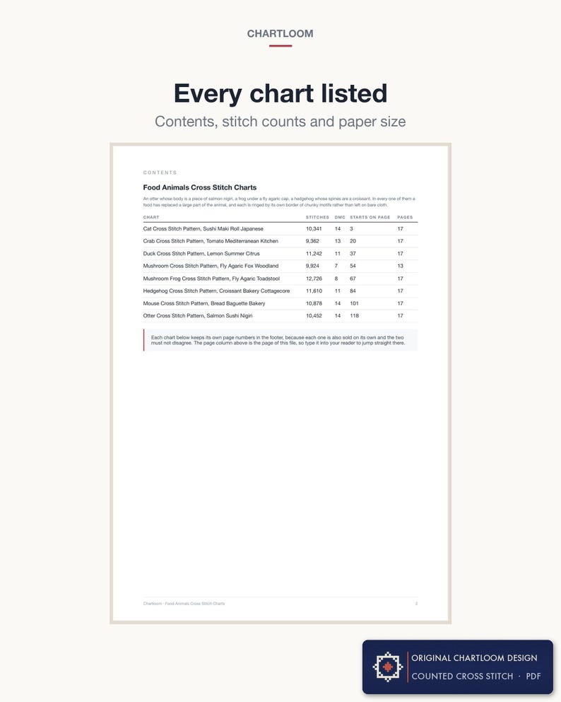 The contents page of the Food Animals cross stitch bundle