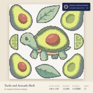 turtle cross stitch chart shown as a colour preview with the stitch count and thread count