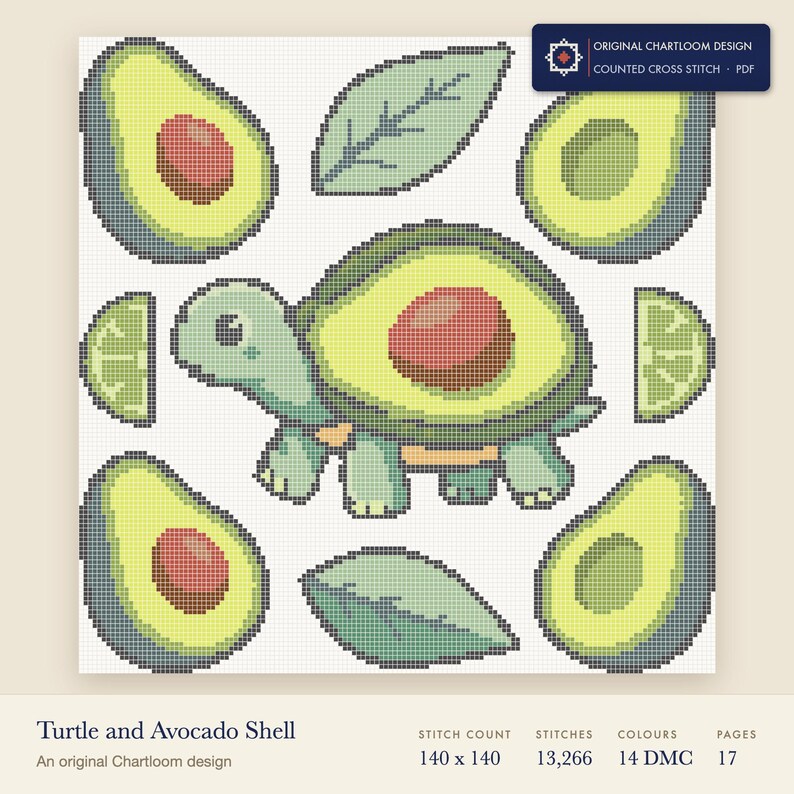 turtle cross stitch chart shown as a colour preview with the stitch count and thread count