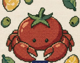 Crab Tomato Cross Stitch Pattern, Mediterranean Coastal Kitchen Chart (PDF)