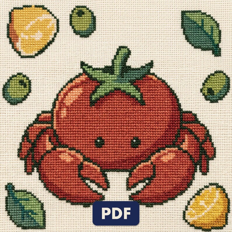 A finished crab cross stitch piece, stitched and framed on a wall