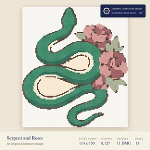 serpent with roses cross stitch chart shown as a colour preview with the stitch count and thread count