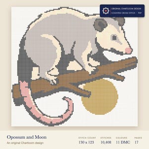 opossum on a branch cross stitch chart shown as a colour preview with the stitch count and thread count