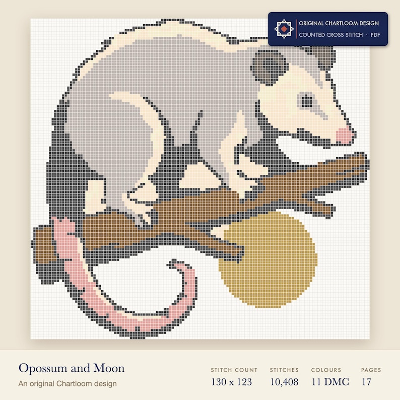 opossum on a branch cross stitch chart shown as a colour preview with the stitch count and thread count