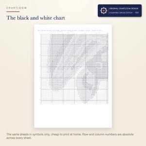 The black and white symbol chart from the hanging bat cross stitch pattern PDF, symbols only