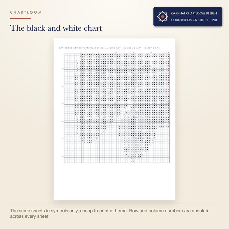 The black and white symbol chart from the hanging bat cross stitch pattern PDF, symbols only
