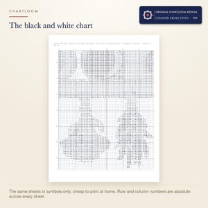 The black and white symbol chart from the an apothecary shelf wall cross stitch pattern PDF, symbols only