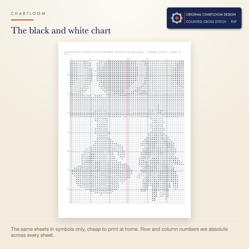 The black and white symbol chart from the an apothecary shelf wall cross stitch pattern PDF, symbols only