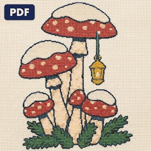 A finished snow capped mushrooms cross stitch piece, stitched and framed on a wall
