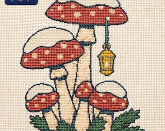 Patrón de punto de cruz de setas, Amanita muscaria y linterna, gráfico grande contado, PDF, descarga instantánea.