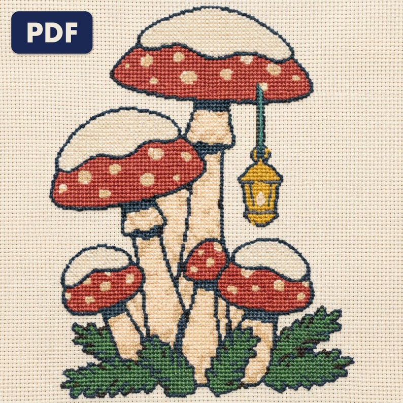 A finished snow capped mushrooms cross stitch piece, stitched and framed on a wall