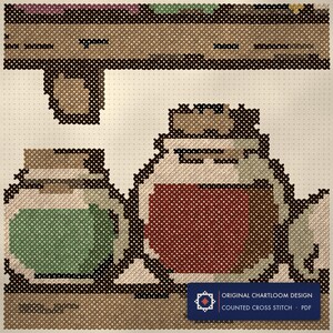 Close up of the an apothecary shelf wall cross stitch design worked stitch by stitch, every cross and thread colour visible
