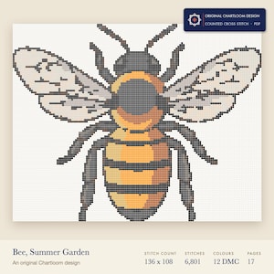 a honeybee cross stitch chart shown as a colour preview with the stitch count and thread count