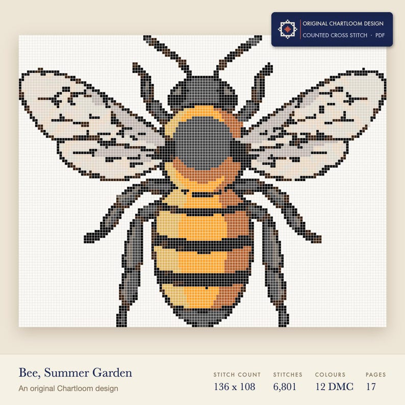 a honeybee cross stitch chart shown as a colour preview with the stitch count and thread count