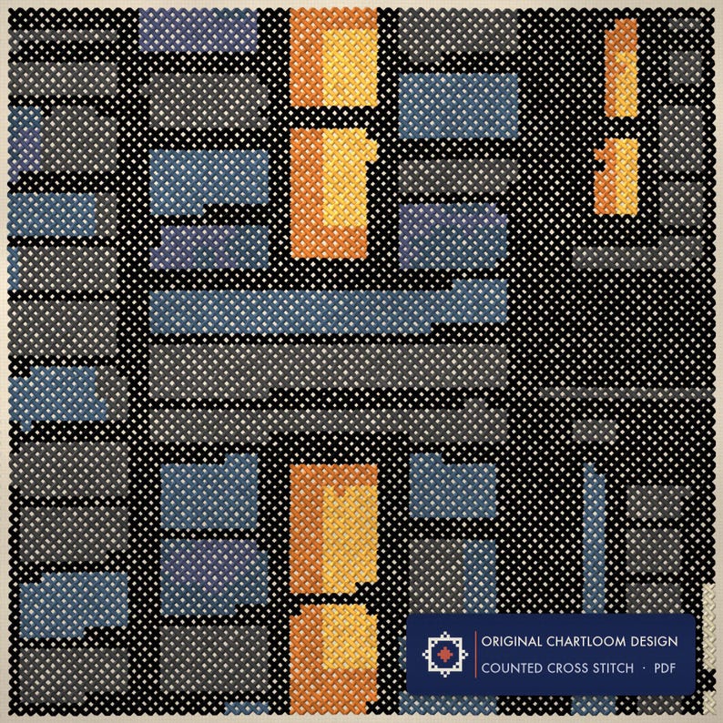 Close up of the haunted house cross stitch design worked stitch by stitch, every cross and thread colour visible