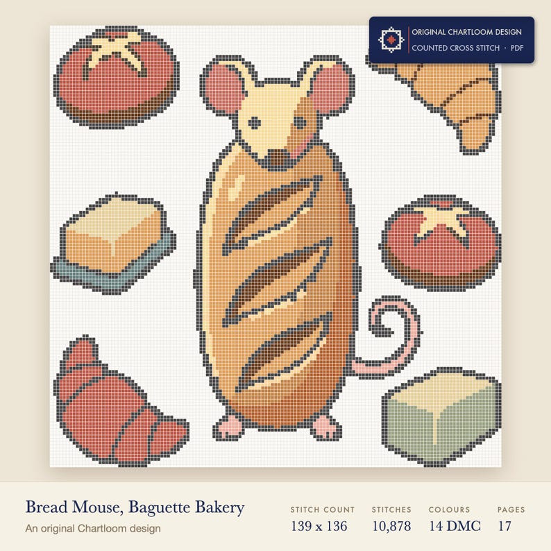 mouse cross stitch chart shown as a colour preview with the stitch count and thread count