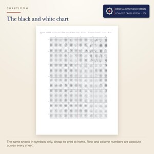 The black and white symbol chart from the a goose postman cross stitch pattern PDF, symbols only