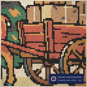 Close up of the a reindeer hauling parcels cross stitch design worked stitch by stitch, every cross and thread colour visible