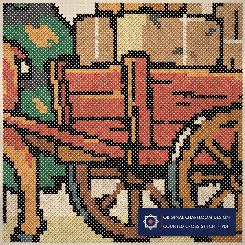 Close up of the a reindeer hauling parcels cross stitch design worked stitch by stitch, every cross and thread colour visible