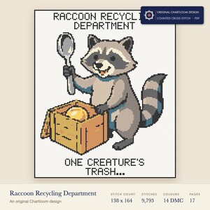 raccoon recycling department cross stitch chart shown as a colour preview with the stitch count and thread count