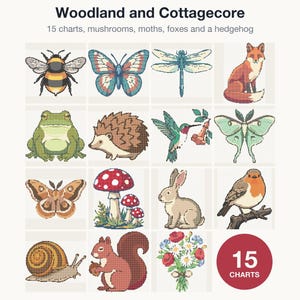 All 15 Woodland and Cottagecore cross stitch charts shown together as one bundle