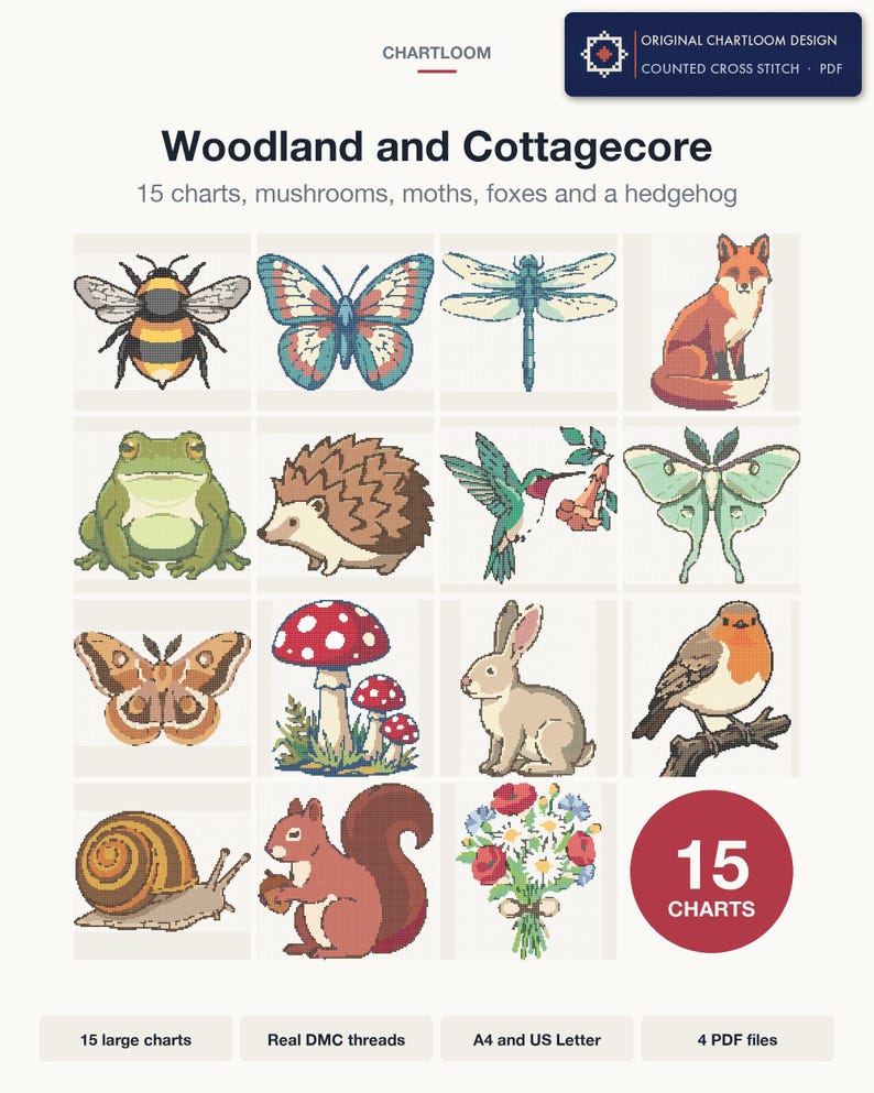 All 15 Woodland and Cottagecore cross stitch charts shown together as one bundle
