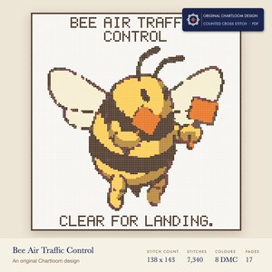 bee air traffic control cross stitch chart shown as a colour preview with the stitch count and thread count