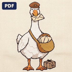 A finished a goose postman cross stitch piece, stitched and framed on a wall