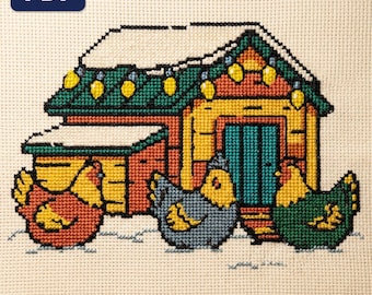 Patrón de punto de cruz de gallina, gallinero de invierno con luces de hadas, decoración navideña grande, PDF, descarga instantánea