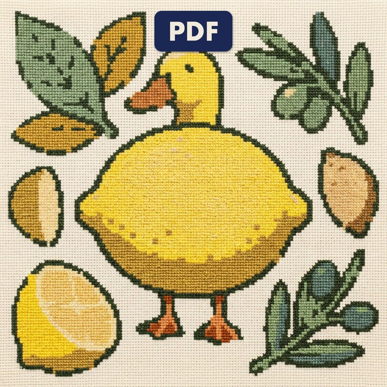 A finished duck cross stitch piece, stitched and framed on a wall