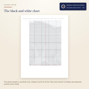 The black and white symbol chart from the opossum on a branch cross stitch pattern PDF, symbols only