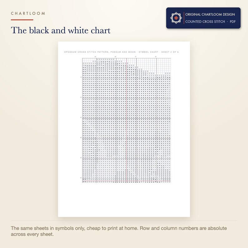 The black and white symbol chart from the opossum on a branch cross stitch pattern PDF, symbols only