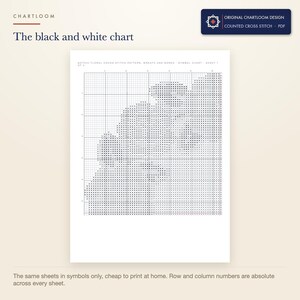 The black and white symbol chart from the rose wreath with crossed bones cross stitch pattern PDF, symbols only